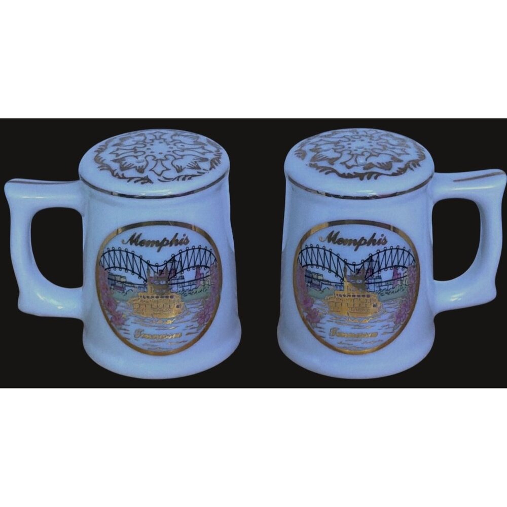 Memphis Souvenir Salt & Pepper Shakers Scotty 24K Japan Gold Trim Ceramic Mugs